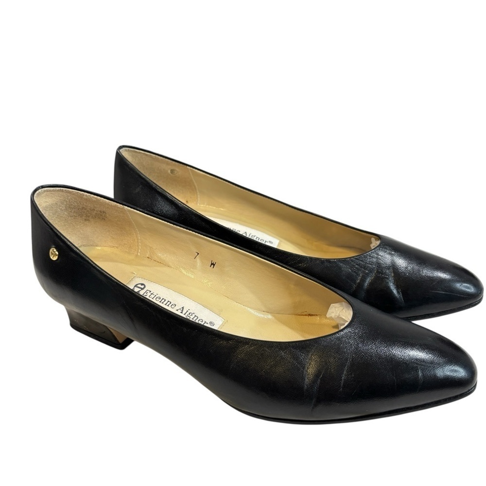 VTG ETIENNE AIGNER Size 7 W SARAH Heels Leather Made in Spain Block Heel Black